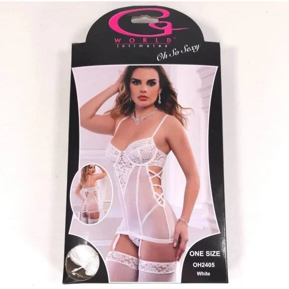 White Lace Bustier Lingerie Set G World Criss Cross Sheer One Size OH2405